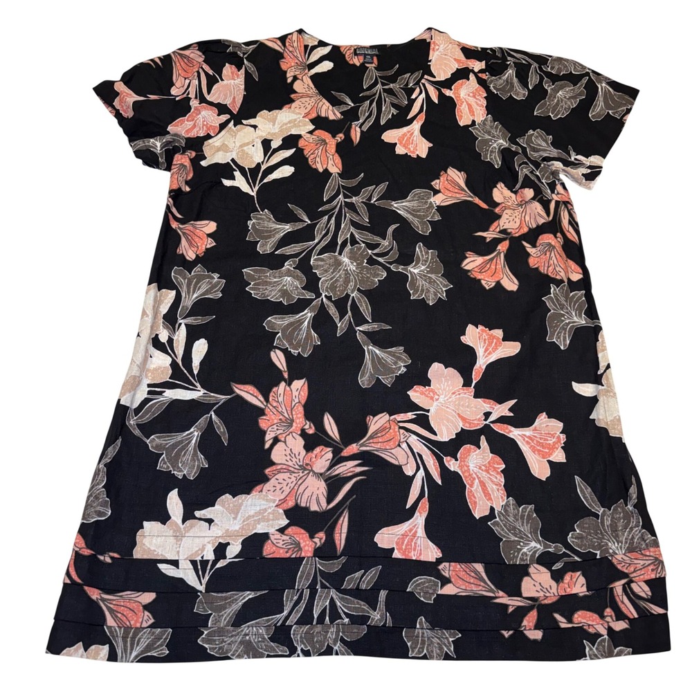 Nicole Miller Original Floral Linen Blend V-Neck Shift Dress Black Coral XXL‎